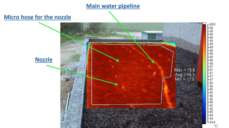 A thermal image of a biofilter captured from above, clearly showing the uniform aeration and the integrated irrigation system in operation.