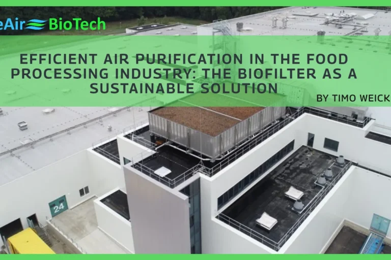 A visual showcasing a biofilter as a sustainable air purification solution in food processing, reducing odors and emissions.