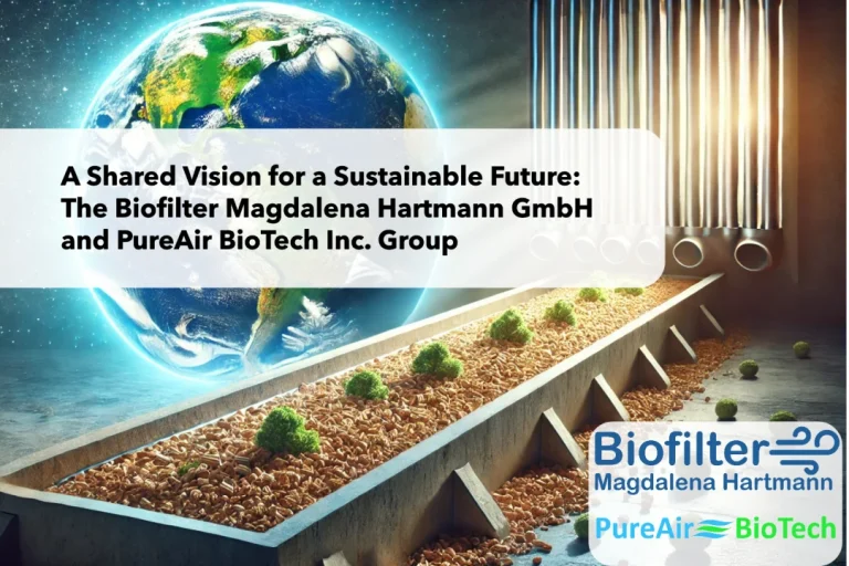 A visual showcasing the partnership of Biofilter Magdalena Hartmann GmbH and PureAir BioTech Inc., driving innovation for sustainability.