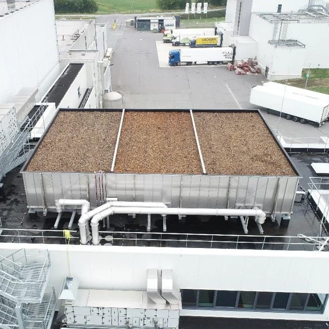 An biofilter installed on a rooftop, designed for efficient air treatment in the meat processing industry, reducing odors and emissions.