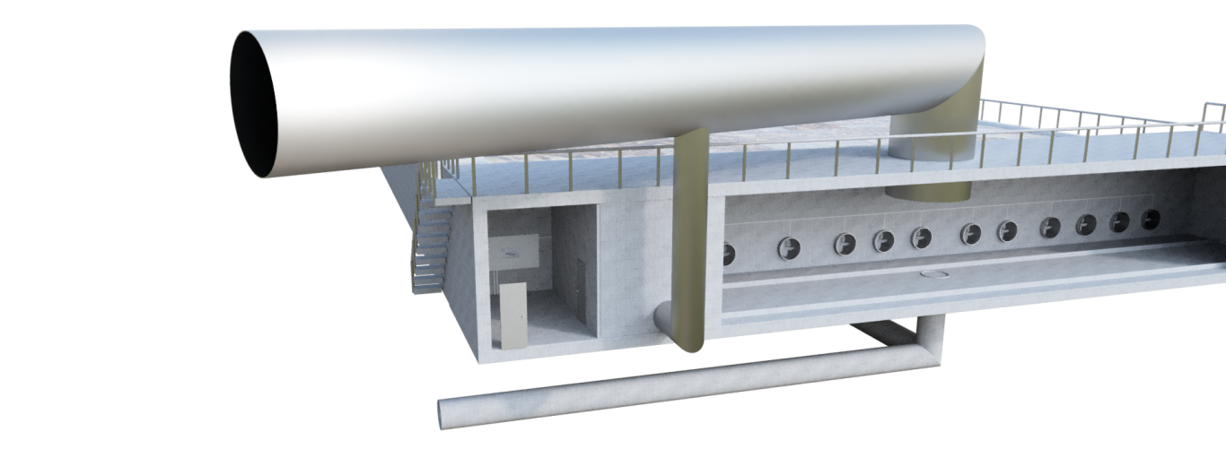 A 3D rendering of a 1300m² biofilter, designed for the wood-based materials and paper industry, optimizing odor and emission control.