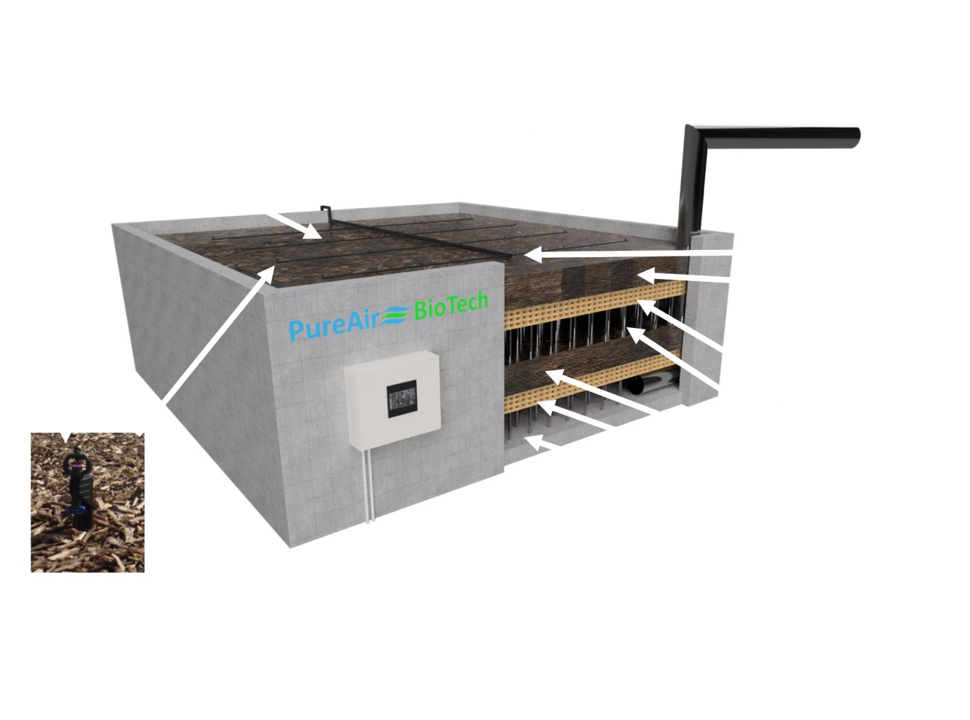 A 3D rendering of an open biofilter in a concrete basin, showing the internal system structure as a visualization example.