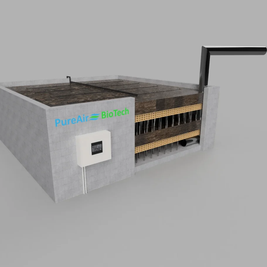 A 3D rendering of an open biofilter in a concrete basin, showing the internal system structure as a visualization example.